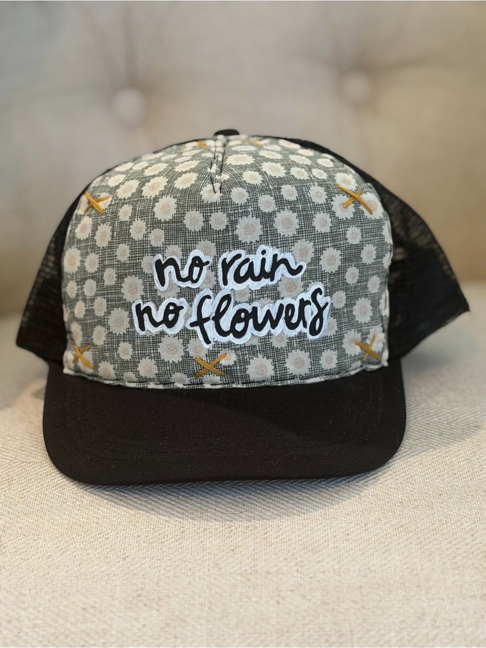 No Rain No Flowers Hand Made, Hand Painted Trucker Hat - Black & Gray Floral